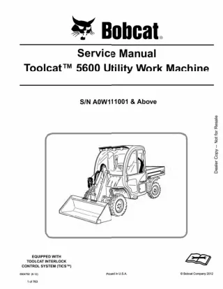 Bobcat Toolcat 5600 Utility Work Machine Service Repair Manual SN A0W111001 AND Above