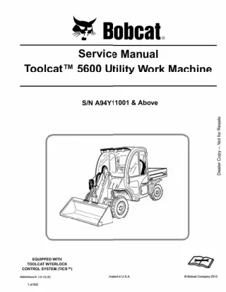 Bobcat Toolcat 5600 Utility Work Machine Service Repair Manual SN A94Y11001 AND Above