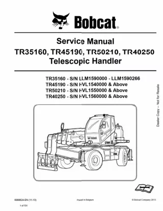 Bobcat TR35160 Telescopic Handler Service Repair Manual SN：LLM1590000 – LLM1590266