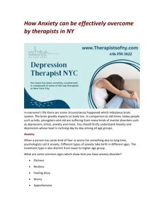 How Anxiety can be effectively overcome by therapists in NY