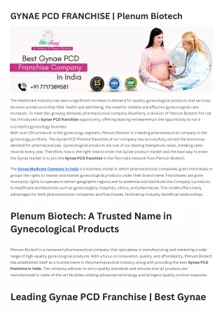 Gynae PCD Franchise | Best Gynae Range | Plenum Biotech