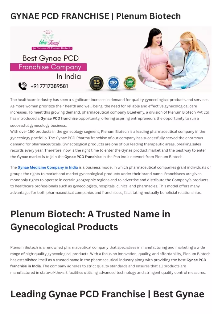 gynae pcd franchise plenum biotech