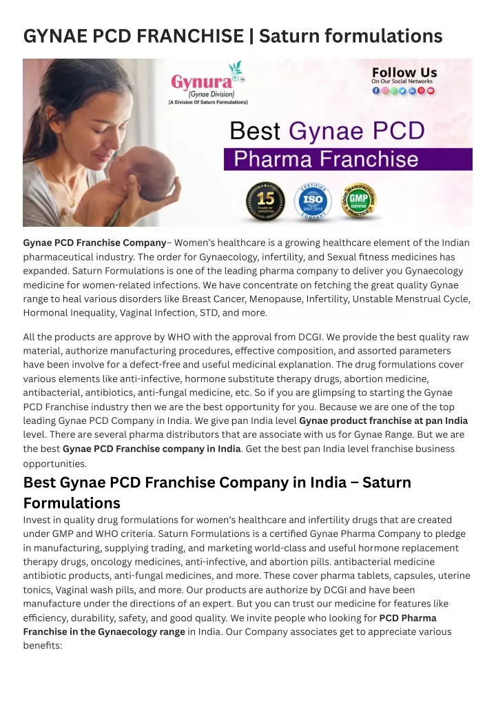 gynae pcd franchise saturn formulations