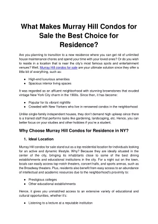 What Makes Murray Hill Condos for Sale the Best Choice for Residence