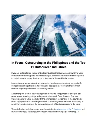 In Focus: Outsourcing in the Philippines and the Top 11 Outsourced Industries