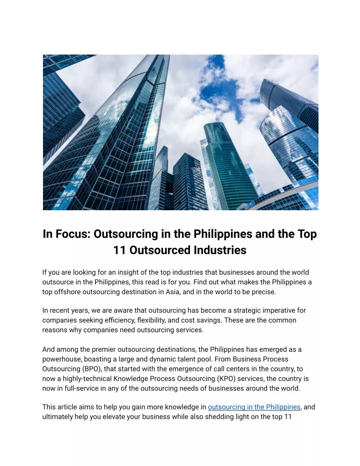 in focus outsourcing in the philippines