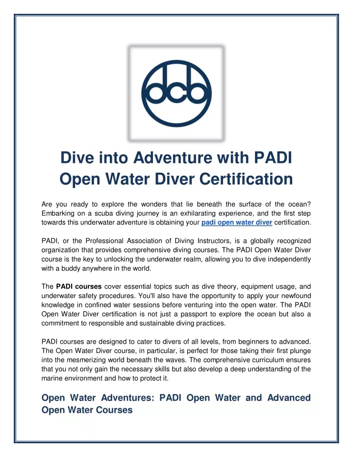 dive into adventure with padi open water diver