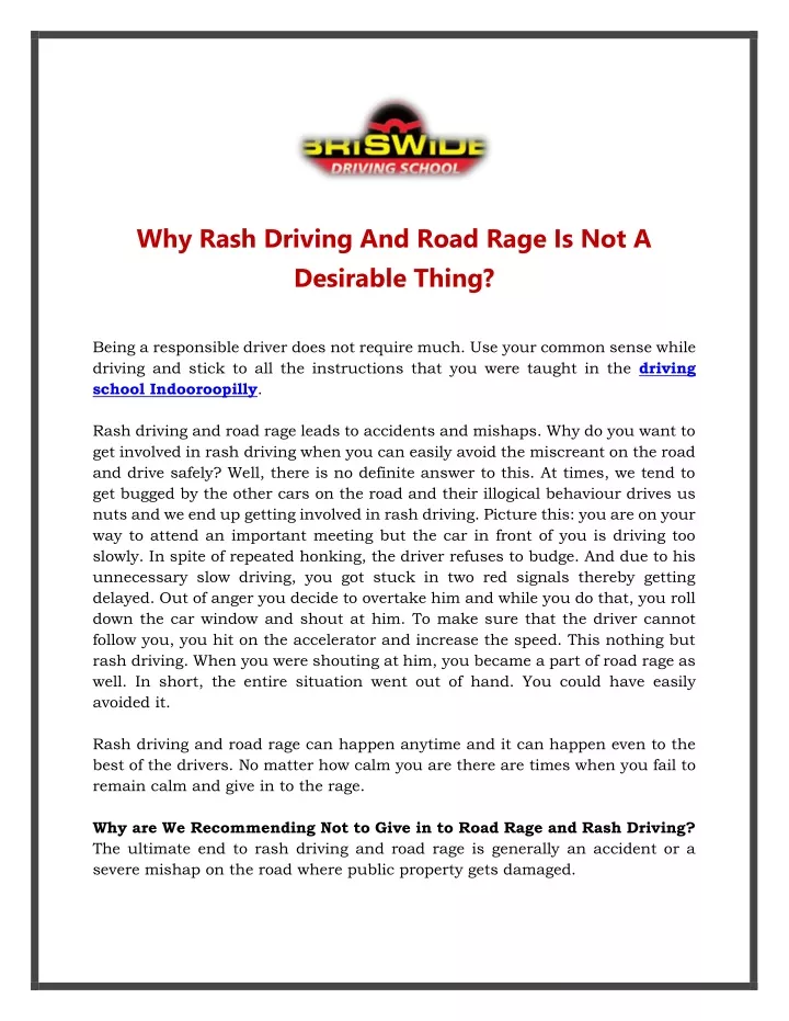 why rash driving and road rage is not a desirable