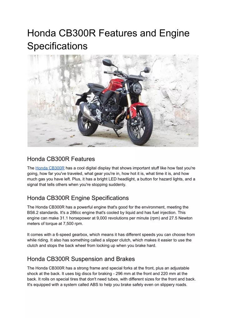 honda cb300r features and engine specifications