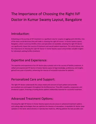 The Importance of Choosing the Right IVF Doctor in Kumar Swamy Layout, Bangalore