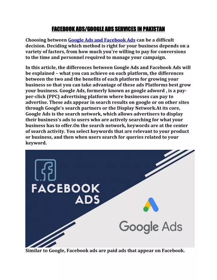 facebook ads google ads services in pakistan