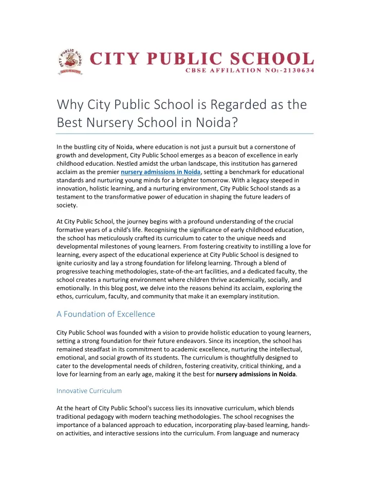 why city public school is regarded as the best