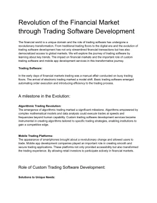 Revolution of the Financial Market through Trading Software Development