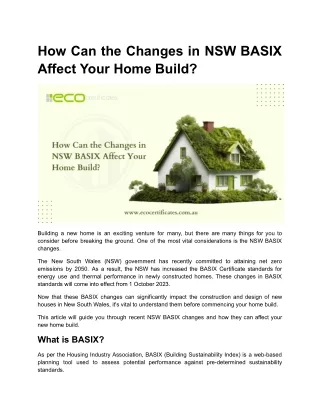 How Can the Changes in NSW BASIX Affect Your Home Build