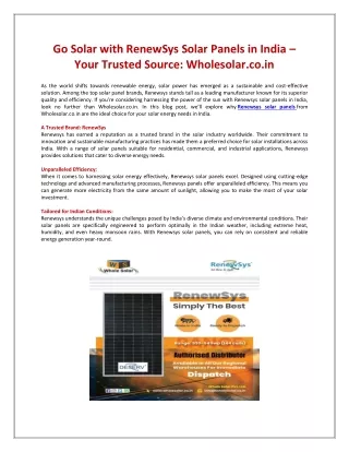 Go Solar with RenewSys Solar Panels in India Your Trusted Source Whole Solar