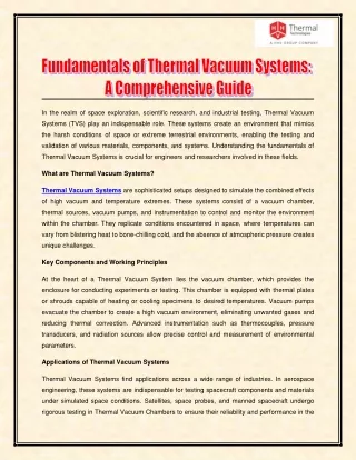 Fundamentals of Thermal Vacuum Systems - A Comprehensive Guide