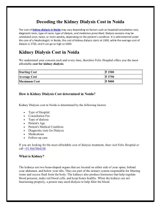 Decoding the Kidney Dialysis Cost in Noida