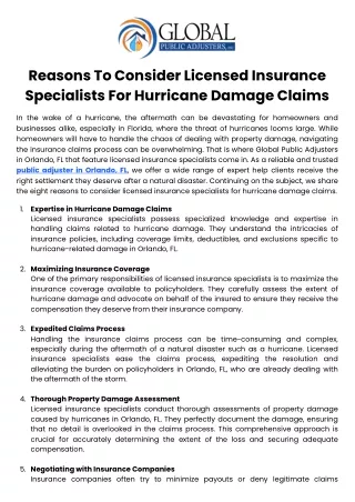 Reasons To Consider Licensed Insurance Specialists For Hurricane Damage Claims