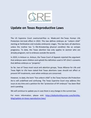 Update on Texas Reproductive Laws - Center for Reproductive Endocrinology