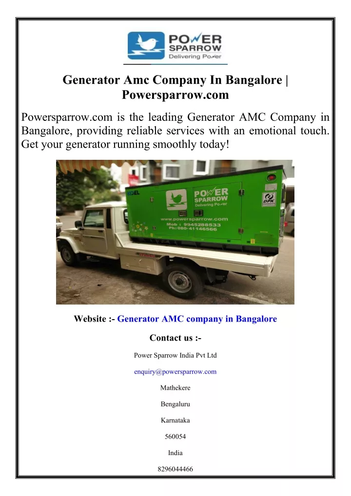 generator amc company in bangalore powersparrow