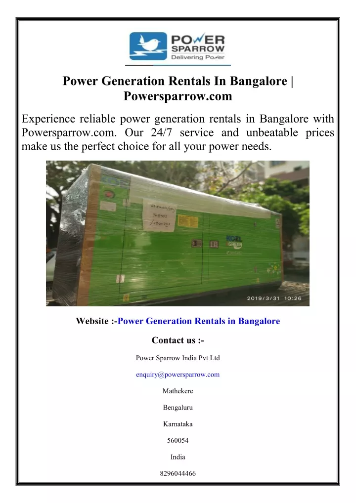 power generation rentals in bangalore