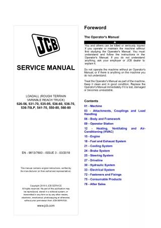 JCB 536-70 Tier 4 Telescopic Handler Service Repair Manual SN from 2460601 onwards