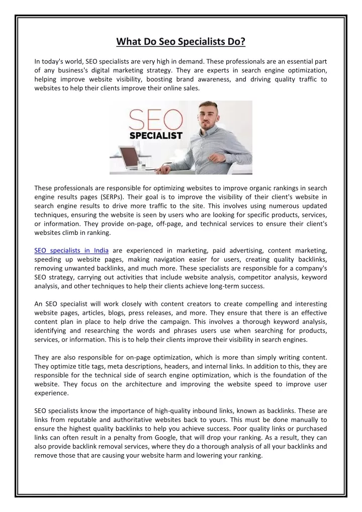 what do seo specialists do