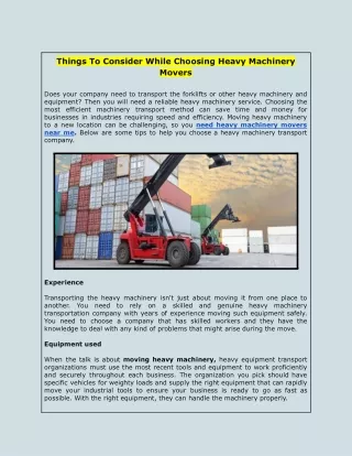Things To Consider While Choosing Heavy Machinery Movers
