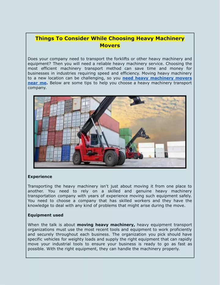 things to consider while choosing heavy machinery