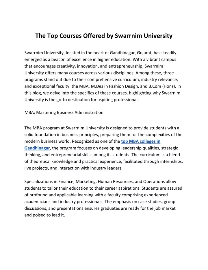 the top courses offered by swarrnim university