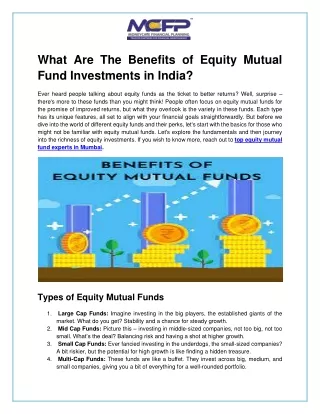 What are the Benefits of Equity Mutual Fund Investments in India