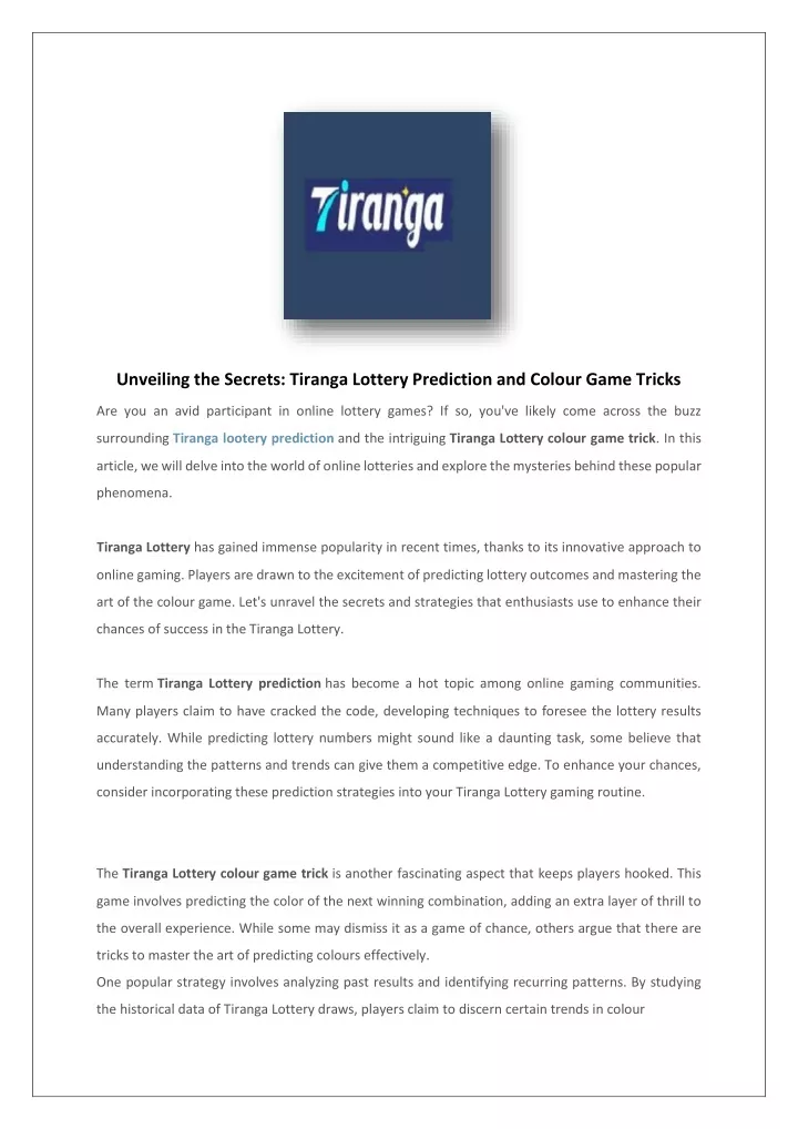 unveiling the secrets tiranga lottery prediction