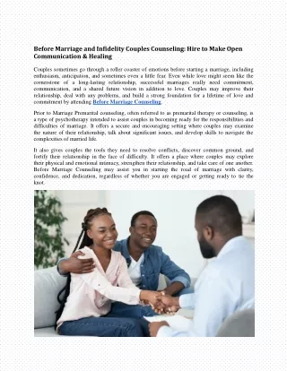 Before Marriage and Infidelity Couples Counseling: Hire to Make Open Communicati