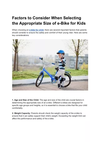 Factors to Consider When Selecting the Appropriate Size of e-Bike for Kids