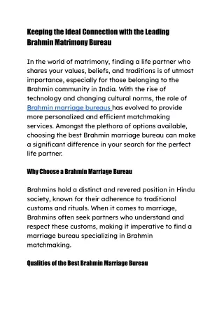 Keeping the Ideal Connection with the Leading Brahmin Matrimony Bureau