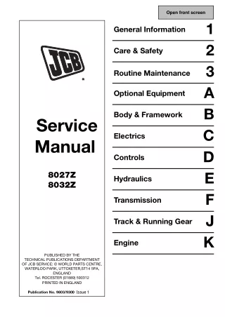 JCB 8032Z MINI EXCAVATOR Service Repair Manual SN899000 Onwards