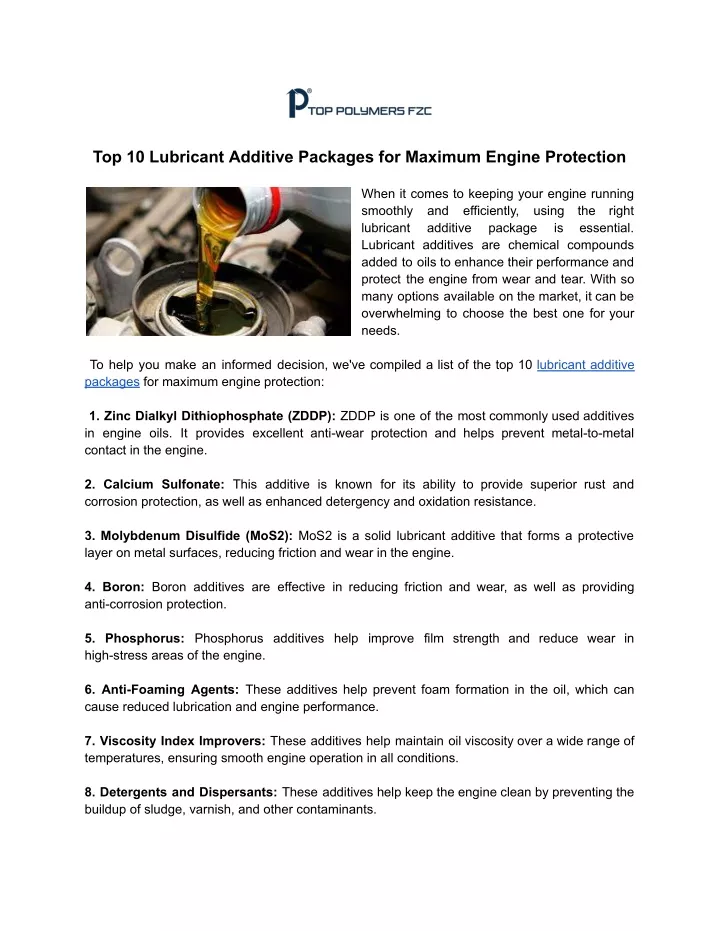 top 10 lubricant additive packages for maximum