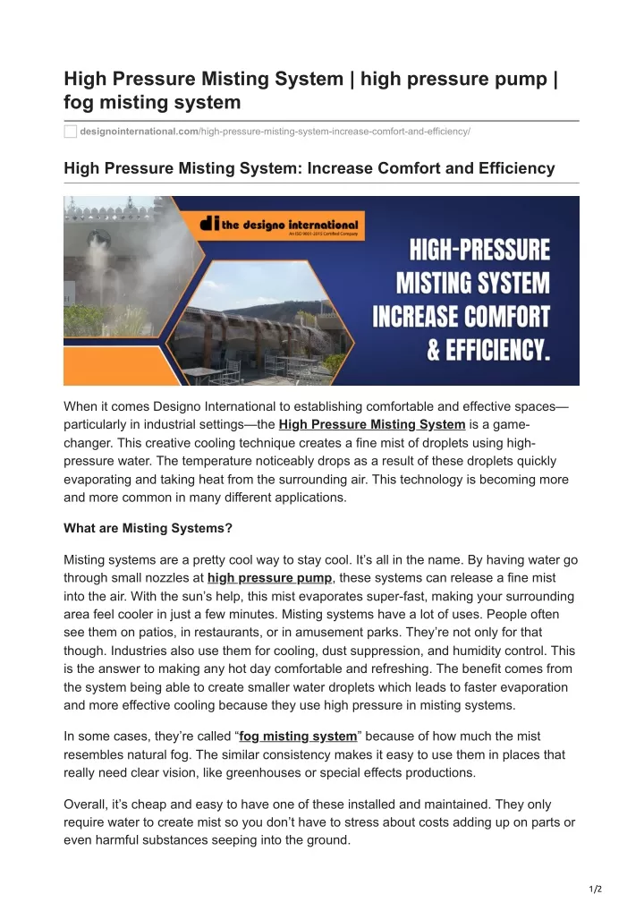high pressure misting system high pressure pump