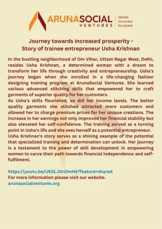 Journey towards increased prosperity - Story of trainee entrepreneur Usha Krishnan