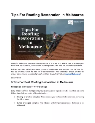 Tips For Roofing Restoration in Melbourne