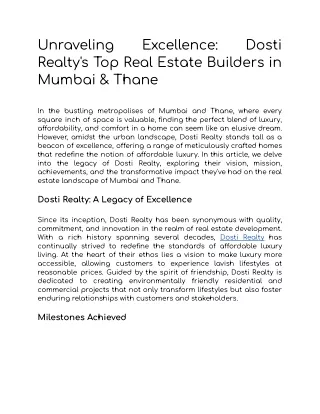 Unraveling Excellence: Dosti Realty's Top Real Estate Builders in Mumbai & Thane