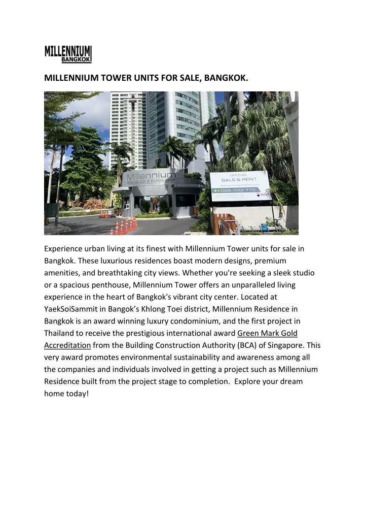 millennium tower units for sale bangkok