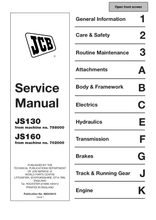 JCB JS130 TRACKED EXCAVATOR Service Repair Manual (SN JS130-758000 Onwards)
