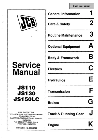 JCB JS130 TRACKED EXCAVATOR Service Repair Manual SN（699002 Onwards）