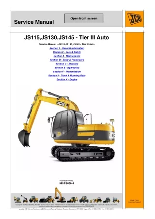 JCB JS145 Auto Tier3 TRACKED EXCAVATOR Service Repair Manual SN（1600011 to 1600999）