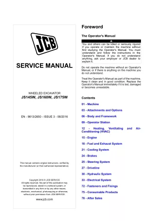JCB JS160W Wheeled Excavator Service Repair Manual (From 2143159 to 2143459; From 2142858 to 2143158)