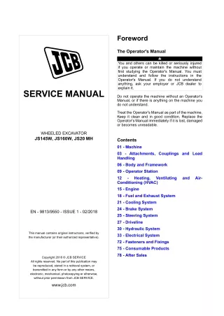 JCB JS160W WHEELED EXCAVATOR Service Repair Manual SN：2584081