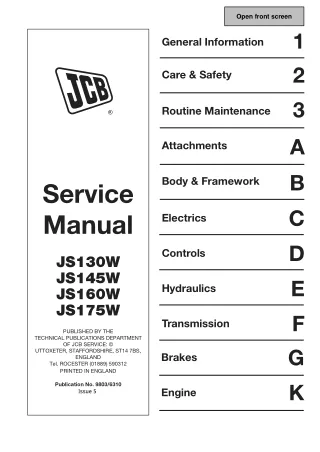 JCB JS175W WHEELED EXCAVATOR Service Repair Manual SN：875000 Onwards
