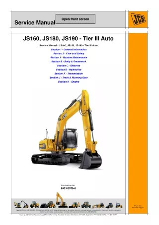 JCB JS190 Auto Tier3 TRACKED EXCAVATOR Service Repair Manual SN（1314100 to 1314299）