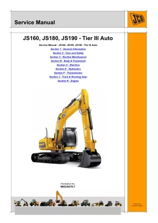 JCB JS190 AUTO TIER3 TRACKED EXCAVATOR Service Repair Manual SN：1314100 to 1314299